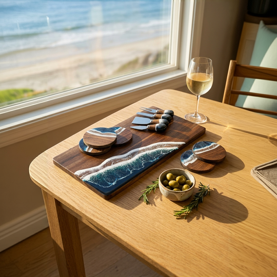 A wooden serving board set with a dark wood base and blue ocean-wave pattern, styled on a wooden dining table by a window overlooking the beach. The set includes a rectangular board, a round board, coasters, cheese knives, and a small bowl of olives, with a glass of white wine nearby.