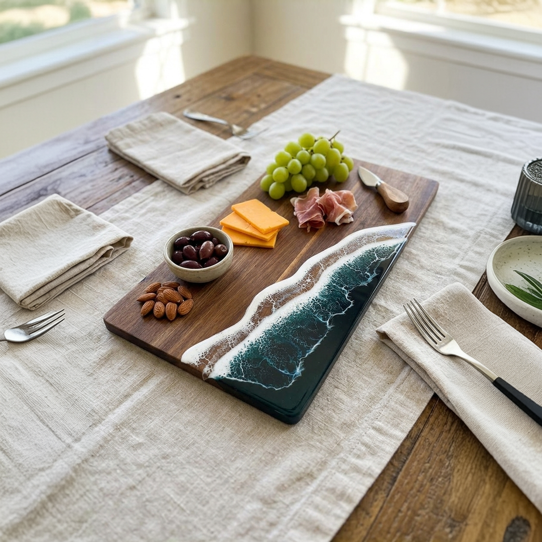 A rectangular wooden charcuterie board with a dark teal ocean-wave pattern along one edge, styled on a linen table runner with food items including grapes, cheese, olives, nuts, and cured meat.